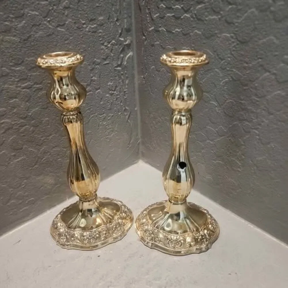 Pair of Ornate Gold Plate Candlesticks Towle
